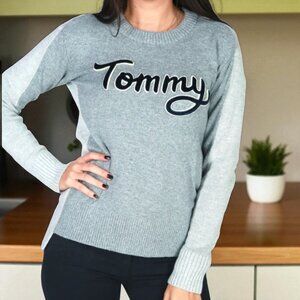 TOMMY HILFIGER ( L ) Two Tone Gray 3D Velvet "TOMMY" Pullover Cotton/Wool Blend